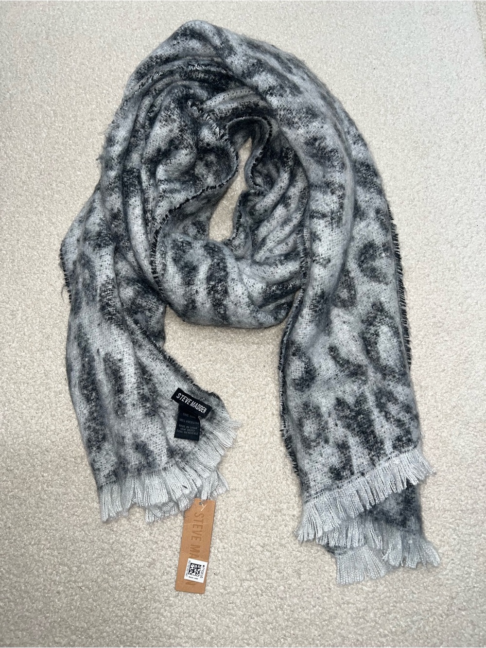 Steve Madden Gray Leopard Fringe Wrap Scarf